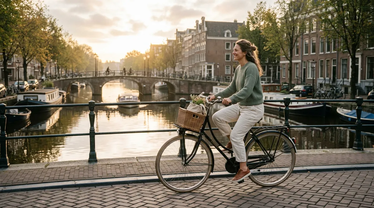 Woman cycling along an Amsterdam canal at sunrise as part of an active routine with SlimBurn Diet