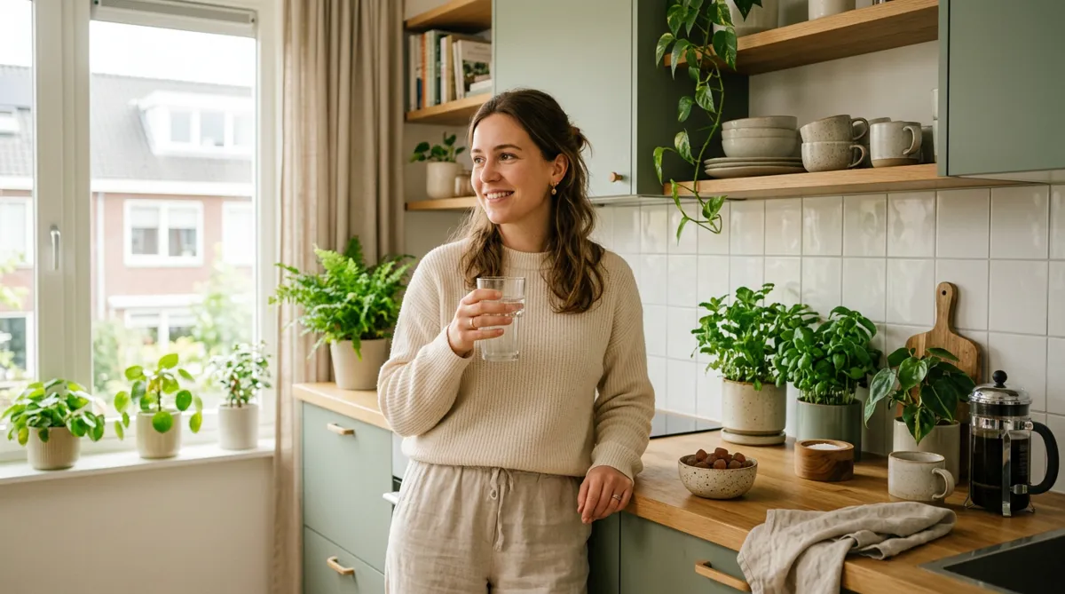 Person in a bright Dutch kitchen drinking water next to a bowl of SlimBurn gummies