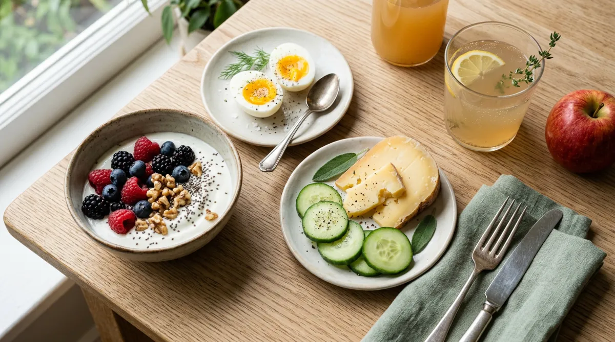 Healthy low-carb Dutch breakfast with eggs, yogurt, Gouda and apple cider vinegar